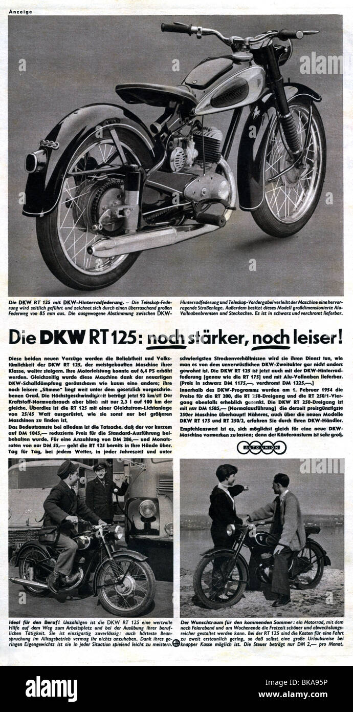 advertising, motorbike, DKW RT 125, advertisement in magazine, 1954, historic, historical, press/media, Germany, 1950s, 50s, 20th century, page, brand, technics, people, Stock Photo