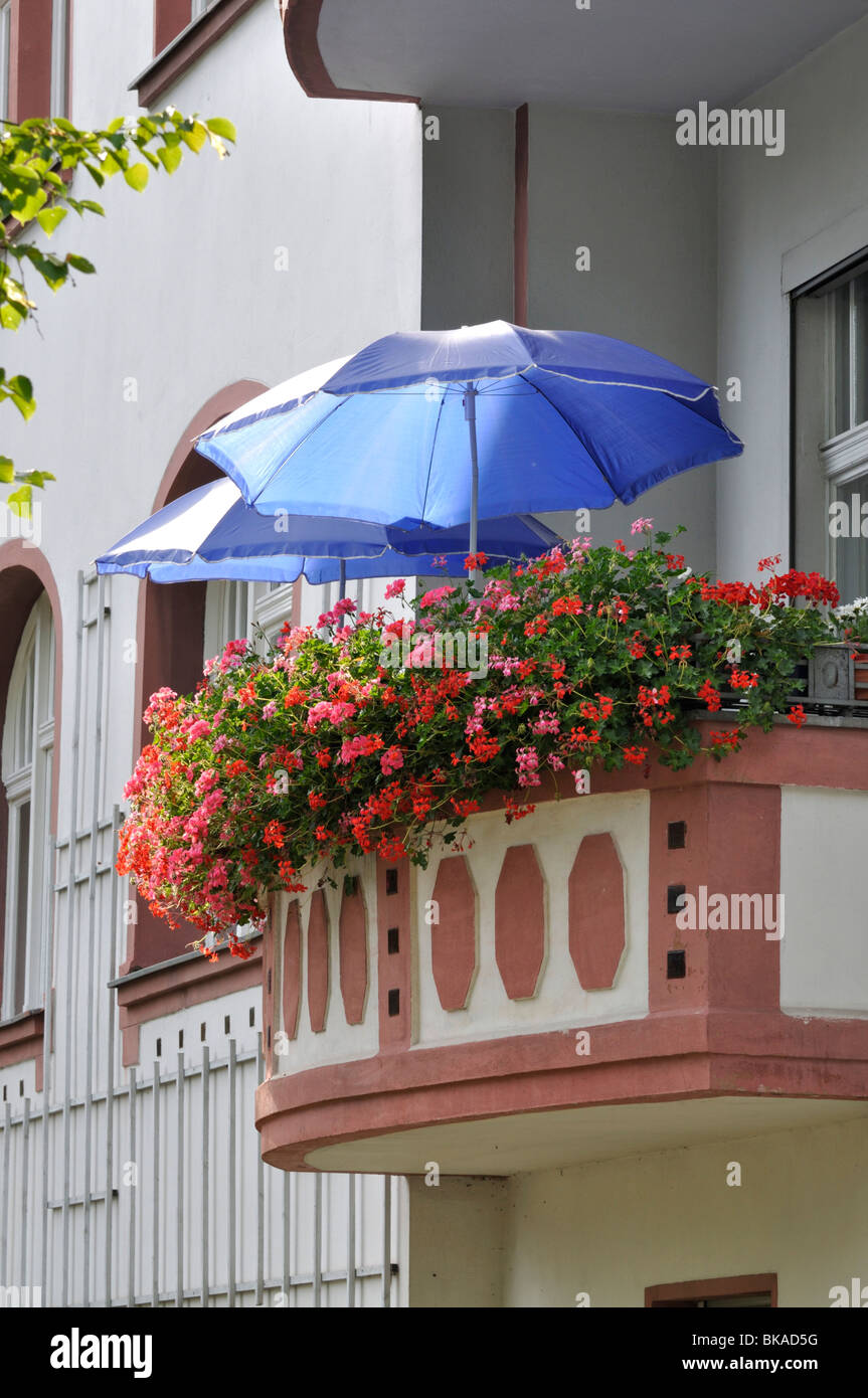 Balcony with geraniums Stock Photo