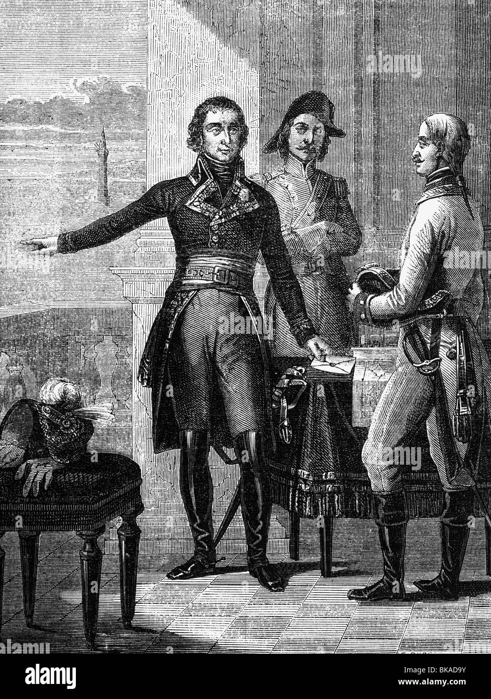 Masséna, André, 6.5.1756 - 14.4.1817, French general, full length, during the Siege of Genoa, 4.4. - 6.6.1800, wood engraving, 19th century, , Stock Photo