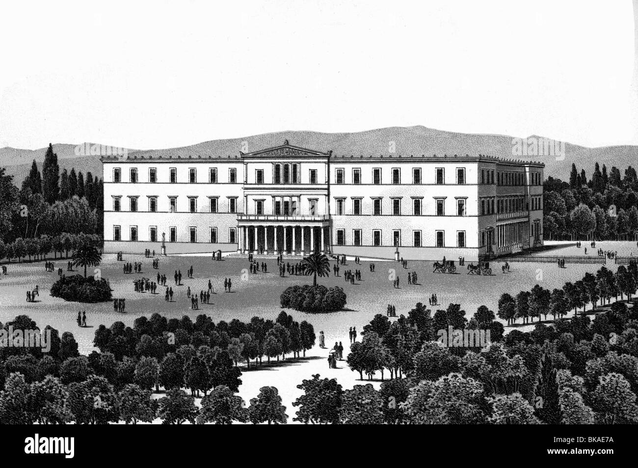 geography / travel, Greece, Athens, Royal Residence, built 1836 - 1843 by Friedrich von Gaertner, exterior view, 19th century, architecture, building, Syntagma Square, palace, Southern Europa, Balkans, historic, historical, Gartner, Gärtner, people, Stock Photo