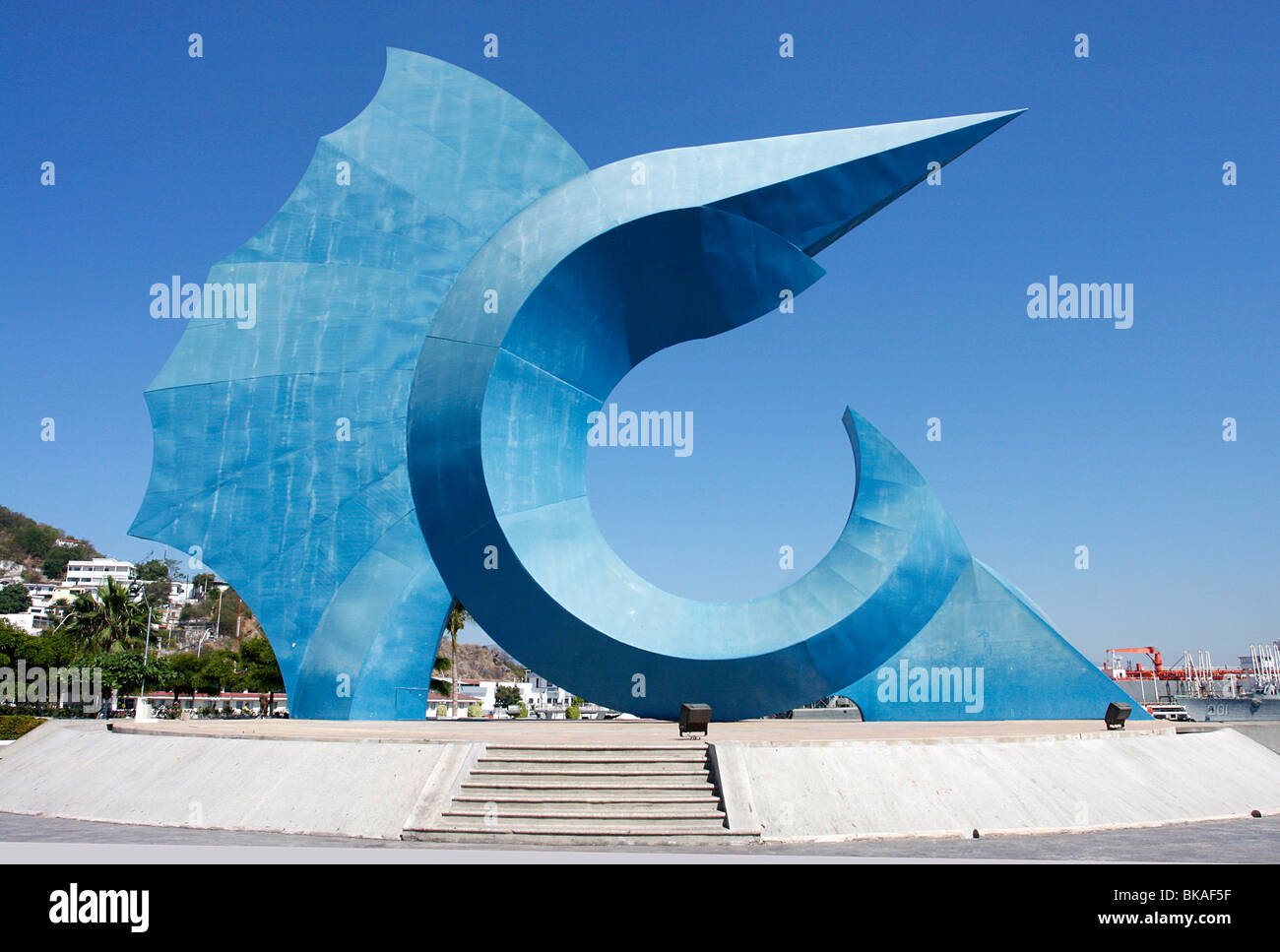 Large sailfish sculpture on the Manzanillo sea front promenade.Popular tourist site. Stock Photo