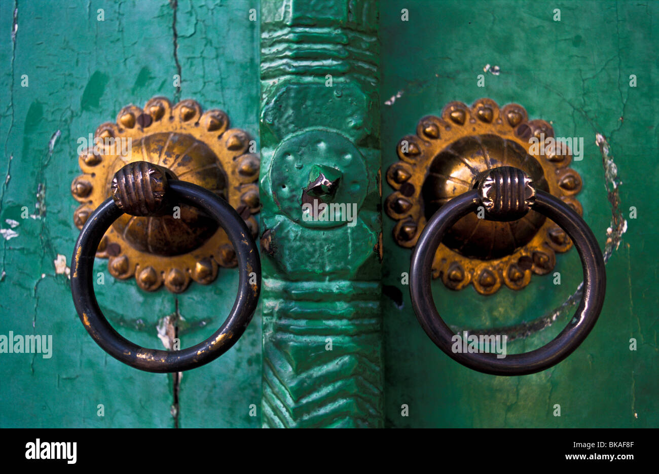 Details of the door pulls of the outer to inner prayer galleries of the Id Kah Mosque, Kashgar city. Stock Photo