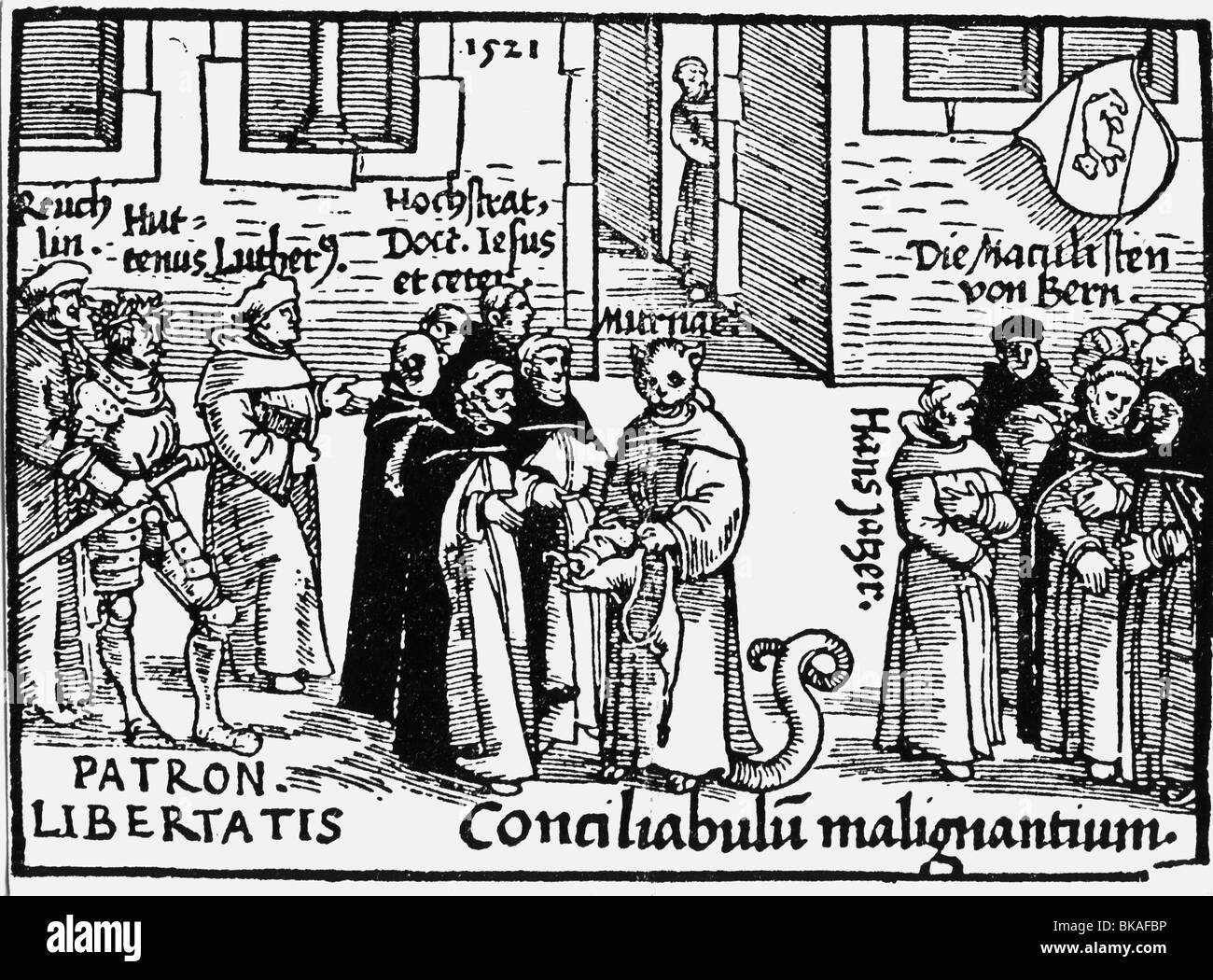 events, Protestant Reformation, 1517 - 1555, propaganda, cartoon, Martin Luther, Ulrich von Hutten and Johann Reuchlin as representatives of freedom on one side, their opponents Thomas Murner, Jakob von Hochstraten and other inquisitors on the other, woodcut, 1521, inquisitor, caricature, clergymen, monks, Protestantism, Catholicism, demon, daemon, demons, daemons, Diet, Edict of Worms, heretic, heretics, trial, anathema, Hoogstraaten, 16th century, historic, historical, people, Stock Photo