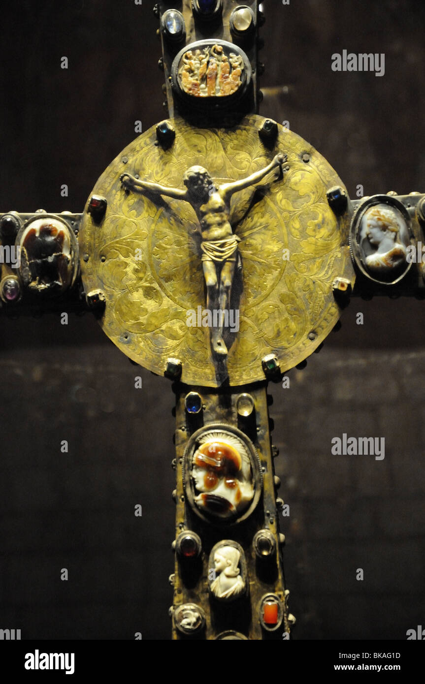Detail of 8th C wooden decorated Cross of Desiderius showing16th century tondo of crucifix Museo di Santa Giulia Brescia Italy Stock Photo
