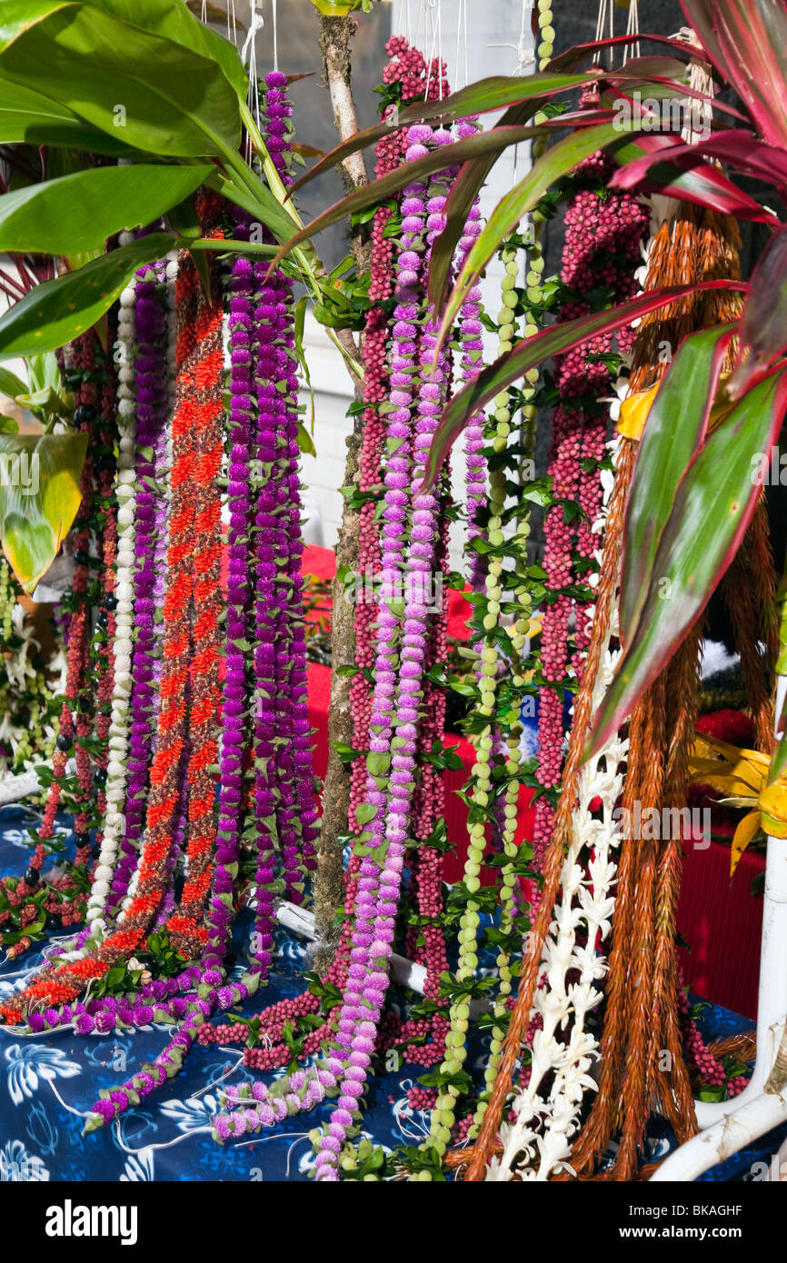 Floral leis and haku ready for sale by vendors at Merrie Monarch Festival in Hilo, Hawaii. Stock Photo