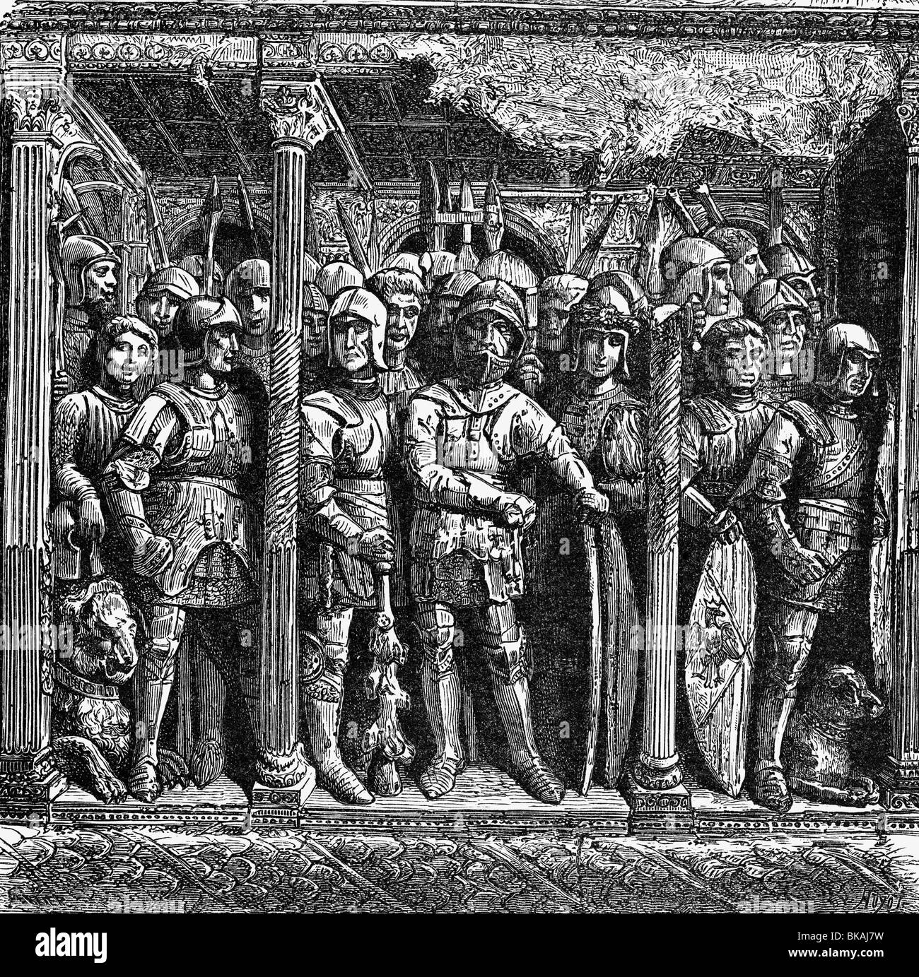 military, knights, Italian warriors of the 15th century, wood engraving after a relief on the Triumphal Arch of Castel Nuovo, Naples, erected in 1470 by Ferdinand of Aragon, knight, soldiers, armour, harness, Middle Ages, historic, historical,pillars, columns, military, Italy, medieval, people, Stock Photo