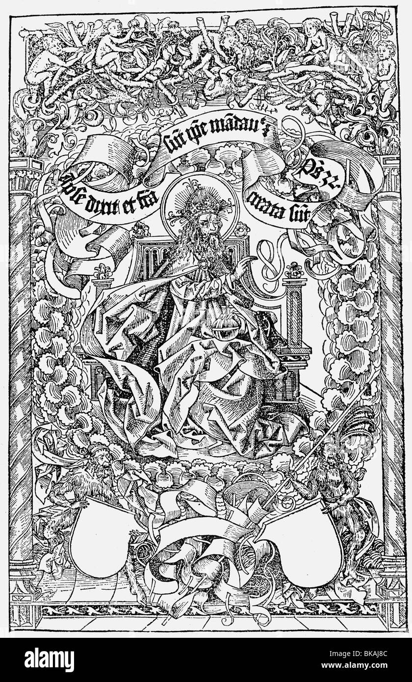 religion, Christianity, god, illustration of God the Father, on the cover page of the 'Nuremberg Chronicle' by Hartmann Schedel, Nuremberg, 1493, woodcut, Artist's Copyright has not to be cleared Stock Photo