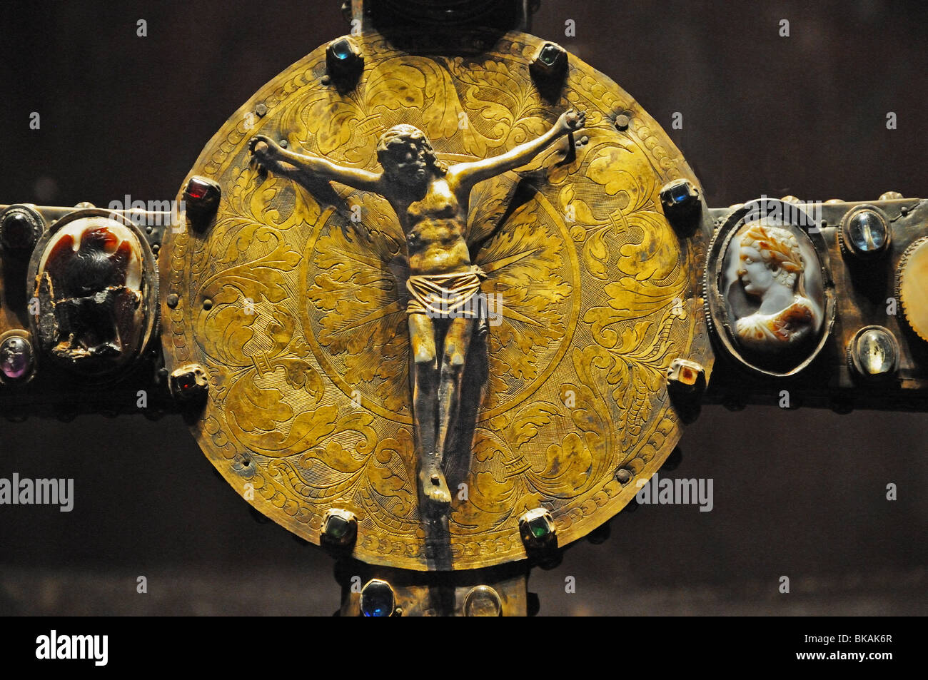 Detail of 8th wooden decorated Cross of Desiderius showing 16th century tondo of crucifix Museo di Santa Giulia Brescia Italy Stock Photo