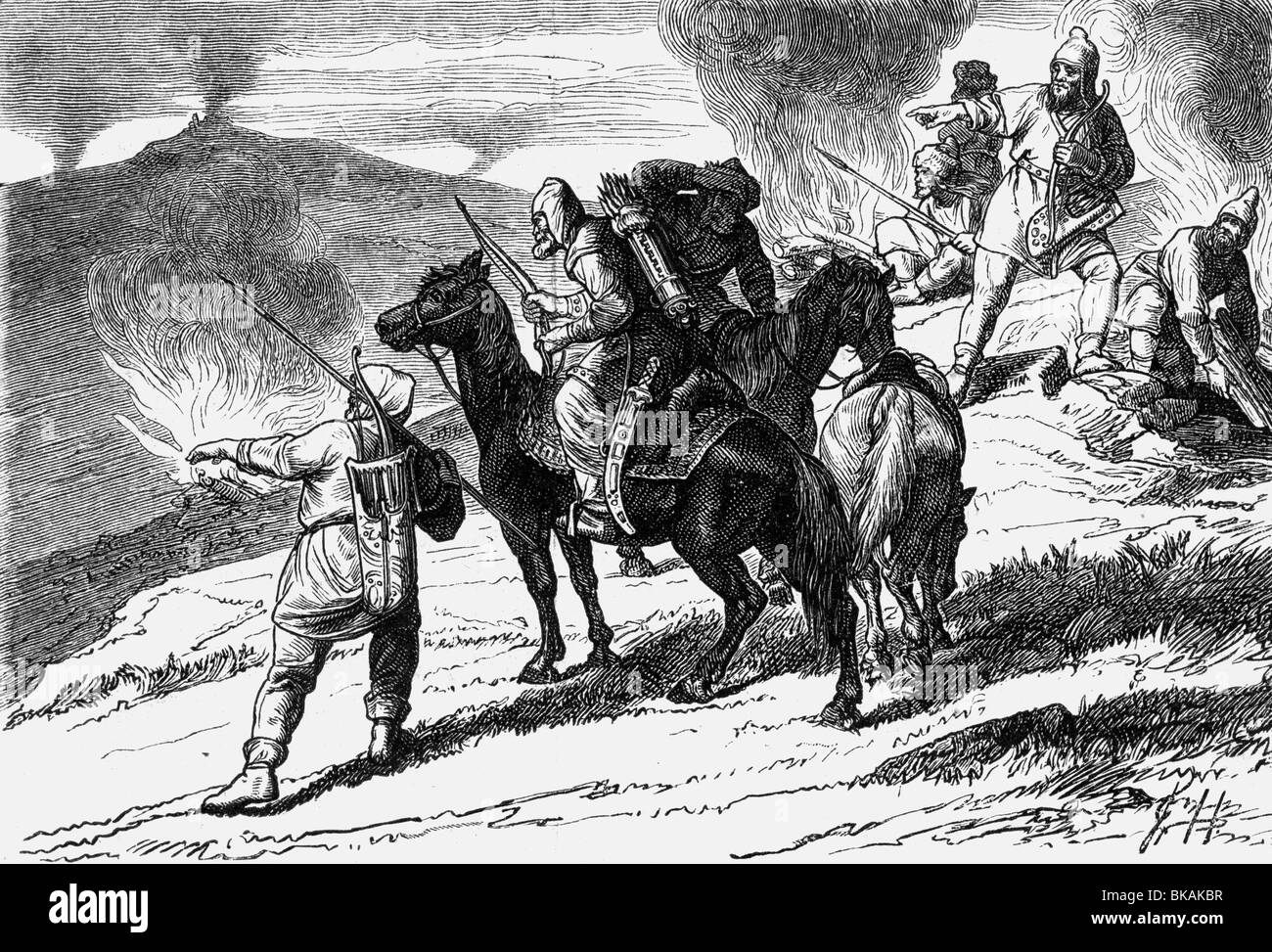Middle Ages, Magyar Invasions 899 - 955, Magyar Invasions 899 - 955, Hungarian warriors, wood engraving, 19th century, historic, historical, Magyars, invasion, war, wars, military, riders, East Francia, 10th century, Germany, bow and arrow, horses, fire, medieval, people, Stock Photo
