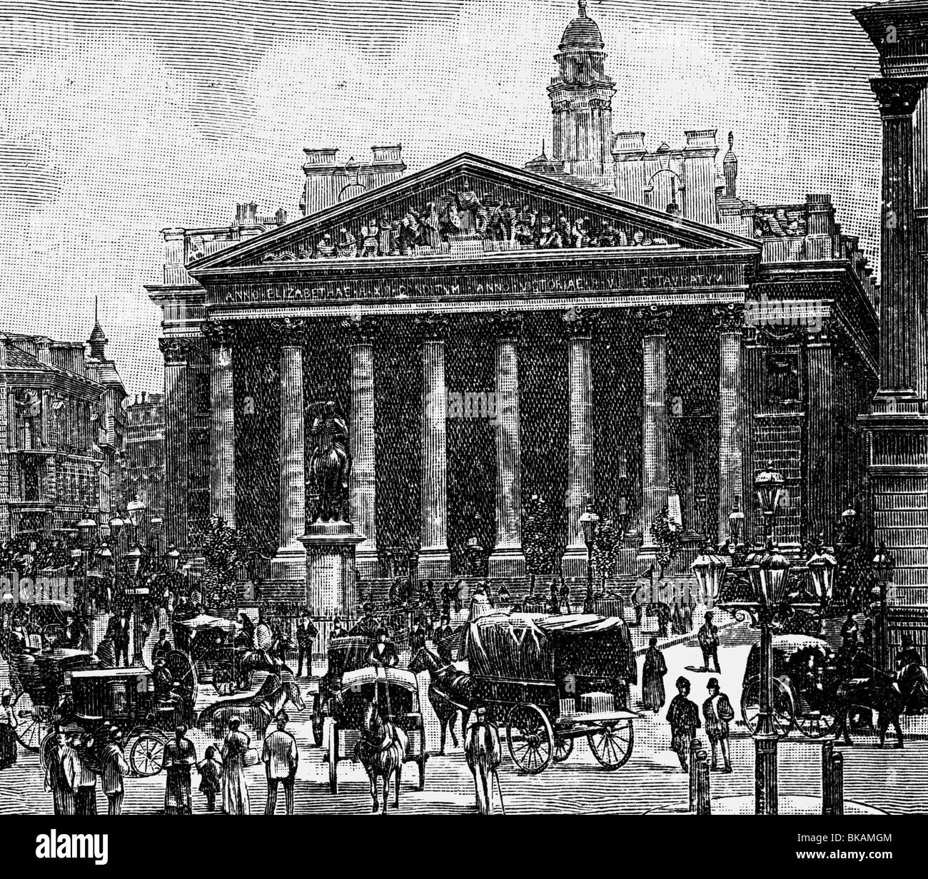 geography / travel, Great Britain, London, Royal Exchange, built 1842 - 1844, architect: Sir William Tite, exterior view, wood engraving, 1895, stock, money, finance, trade, capitalism, architecture, Europe, 19th century, historic, historical, people, Stock Photo
