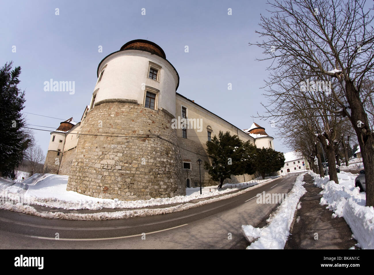 Closeup of the old castle in winter. Stock Photo