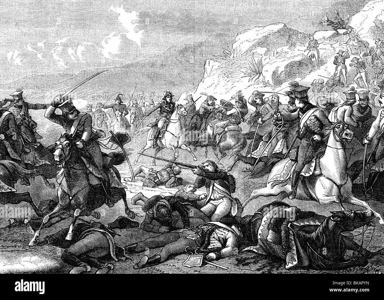 Masséna, André, 6.5.1756 - 14.4.1817, French general, charching Austrian hussars with thirty men, wood engraving, 19th century, , Stock Photo