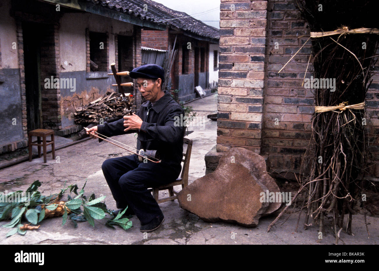 Chen Yi He, Chinese Herbalist, relaxing as he plays the peaceful traditional Erhu instrument, China Stock Photo