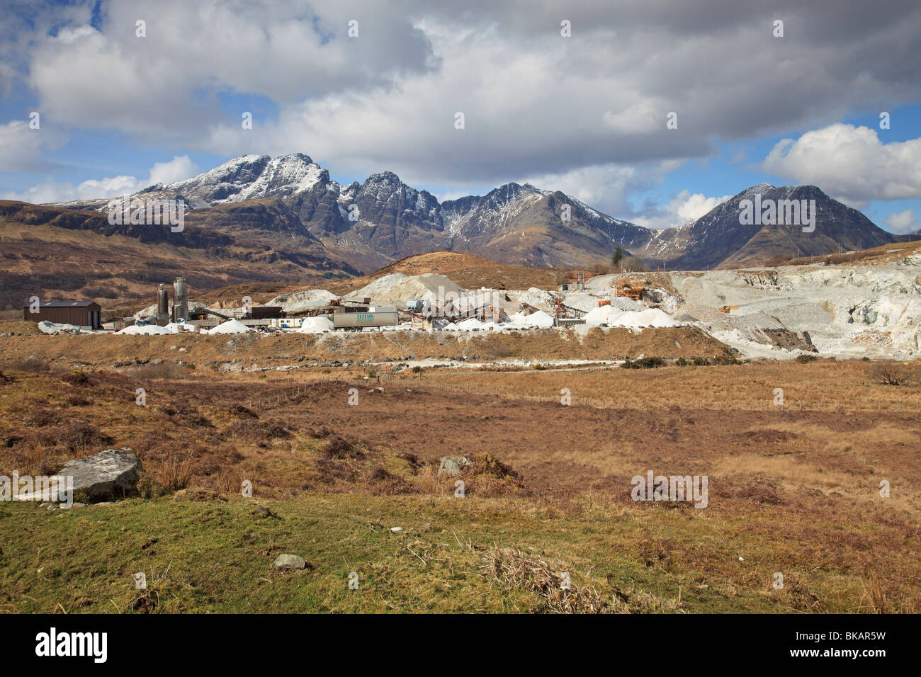Marble Quarry at Kilbride on the Isle of Skye with View to Blaven in the Cuillin mountains Stock Photo