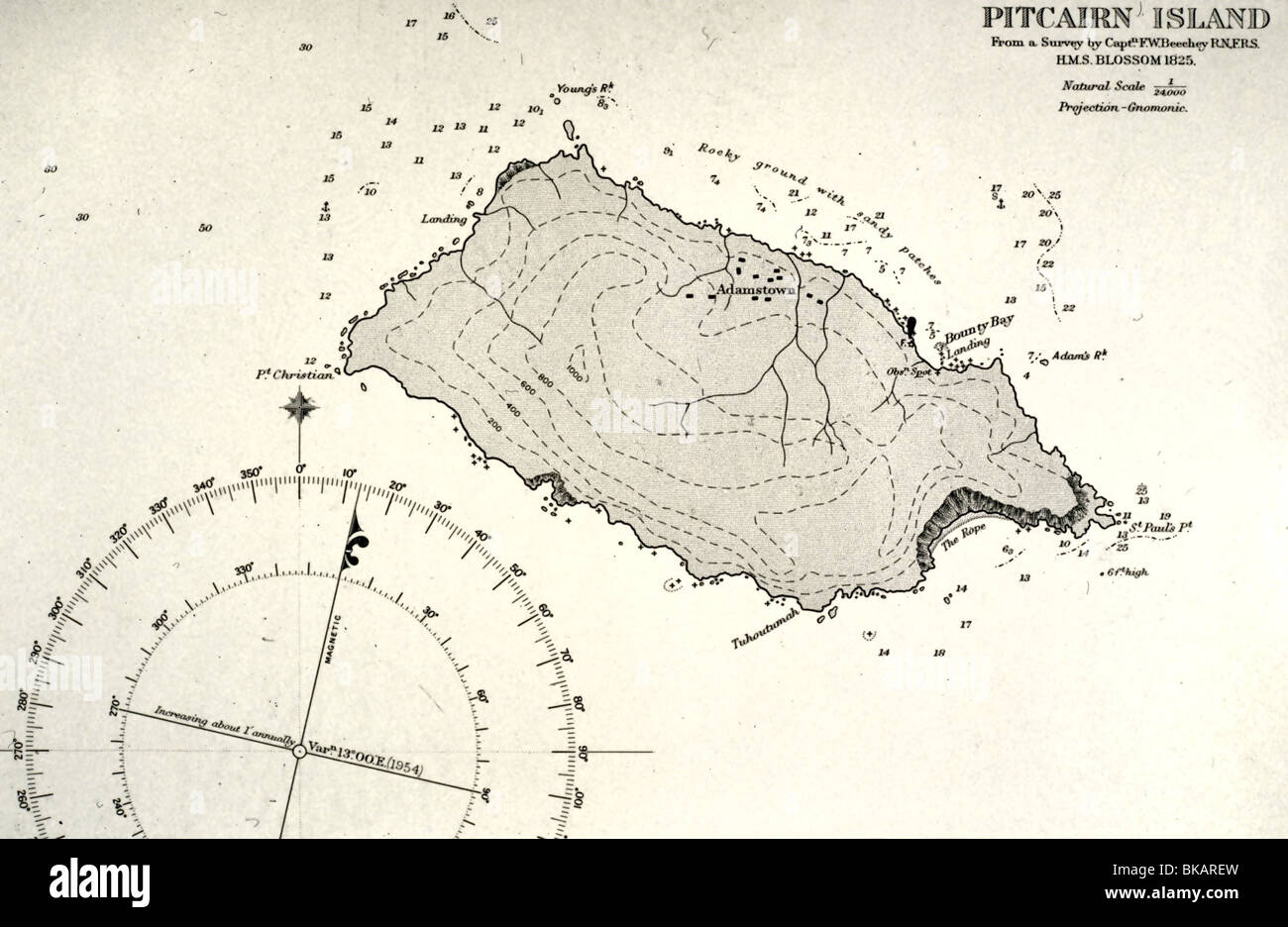 transport / transportation, navigation, Mutiny on the Bounty 1789, Pitcairn Island, the last hideaway of the mutineers, official sea chart, based in survey by F.W. Beechey, 1825, map, Pacific, British colony since 1835, Adamstown, Polynesia, historic, historical, 18th century, Stock Photo