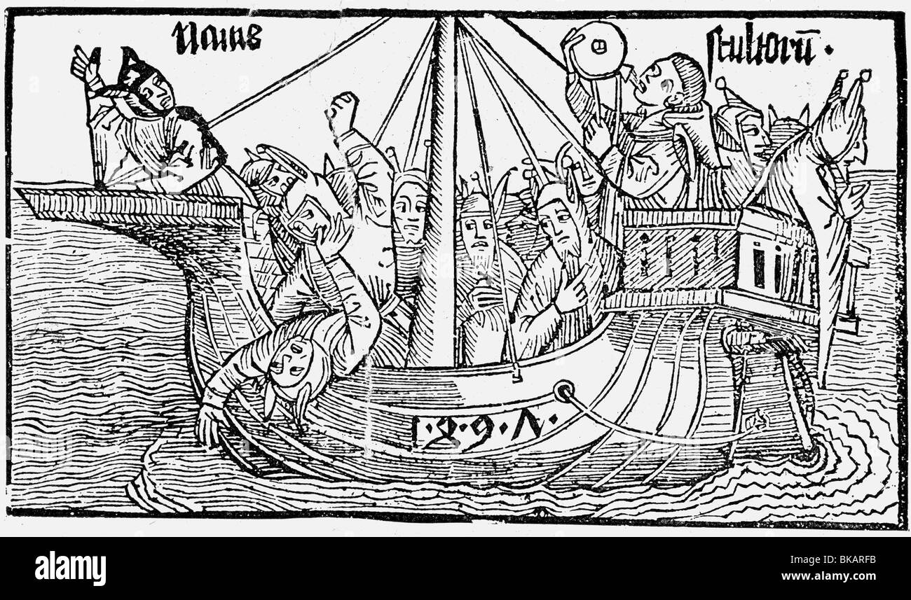 Brant, Sebastian, 1457/1458 - 10.5.1521, German humanist and author/writer, works, 'Ship of Fools', illustration from the Latin translation ('Stultifera Navis') by Jakob Lochner, 1497, woodcut, Stock Photo