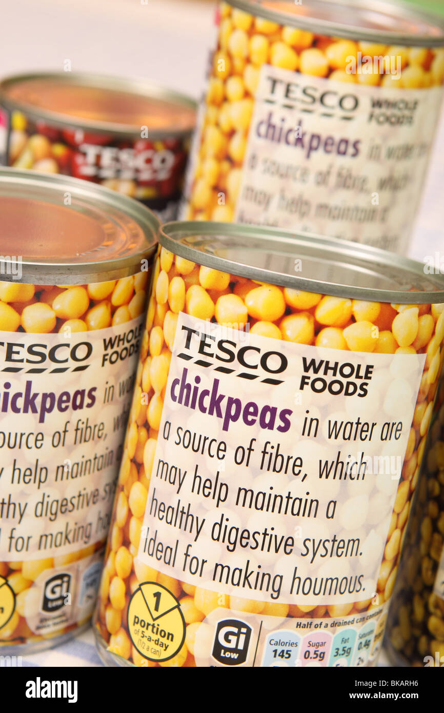 Chickpeas Chick Peas tin can whole food foods Tesco label Stock Photo