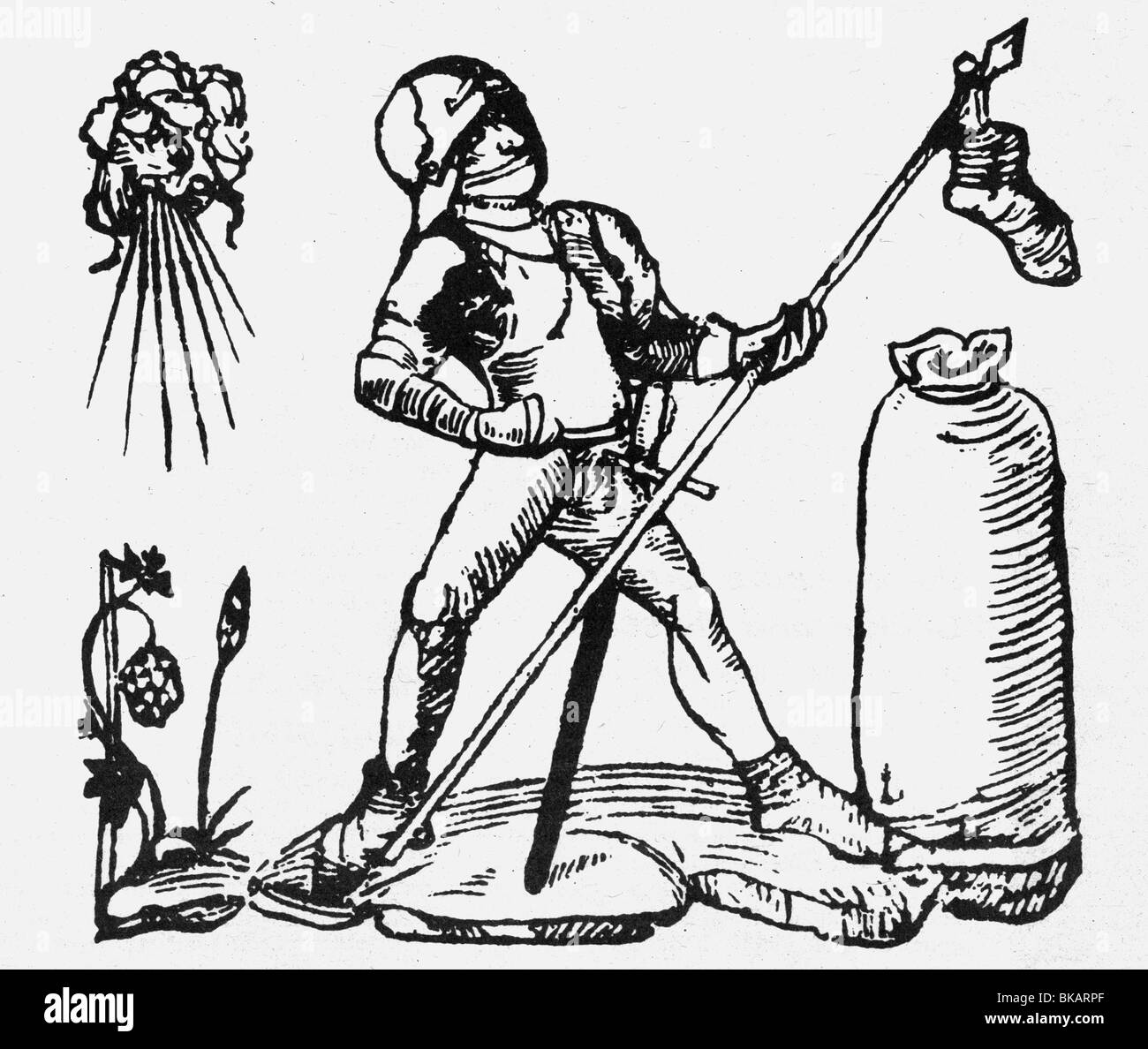 military, knights, knight with a tied shoe on his lance, woodcut, 1490, Bundschuh movement 1493-1519, conspiracy, plot, peasant's war, revolt, uprising, spear, armour, symbol, oppression, bag, Middle Ages, injustice, 15th century, historic, historical, Germany, medieval, people, Stock Photo