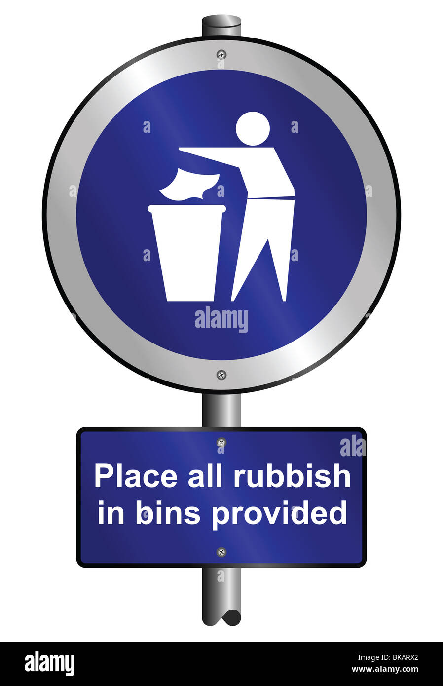 Vector of place litter in bins graphic and text signs mounted on post Stock Photo