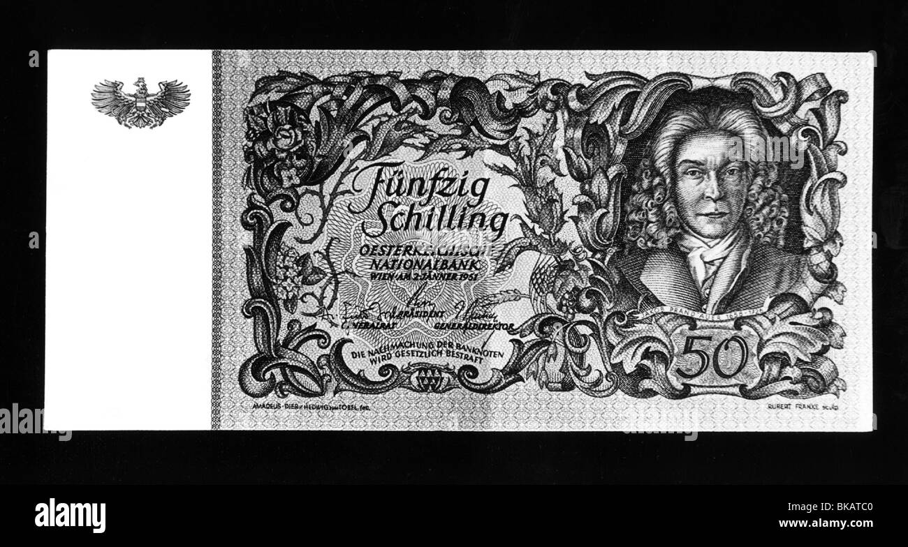 money / finance, bank notes, Austria, 50 Schilling, front, Austrian National Bank, 1951, Stock Photo