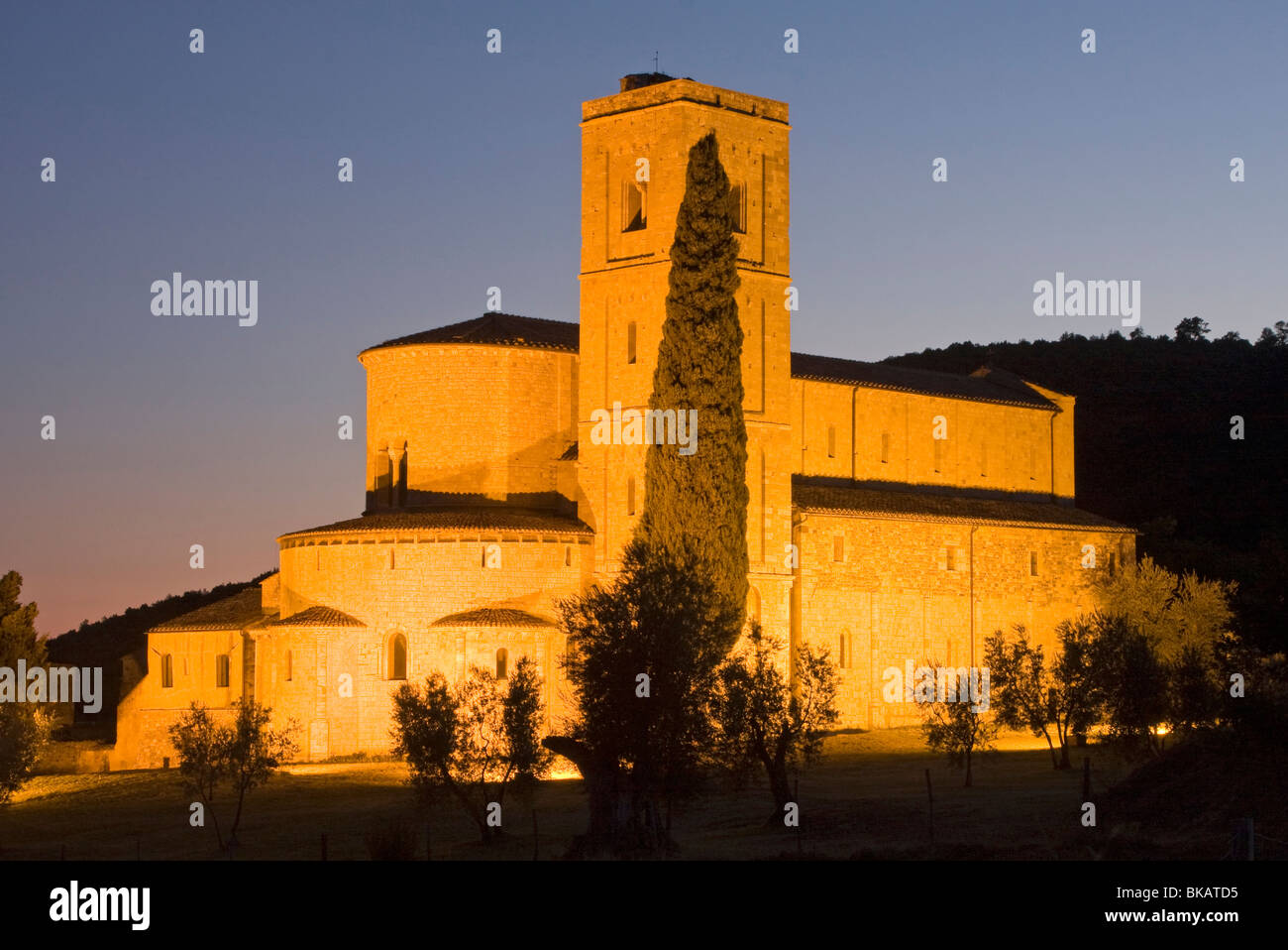 Abbey Abbazia di Sant Antimo in Tuscany at night, Italy Stock Photo