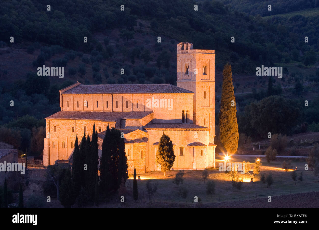 Abbey Abbazia di Sant Antimo in Tuscany at night , Italy Stock Photo