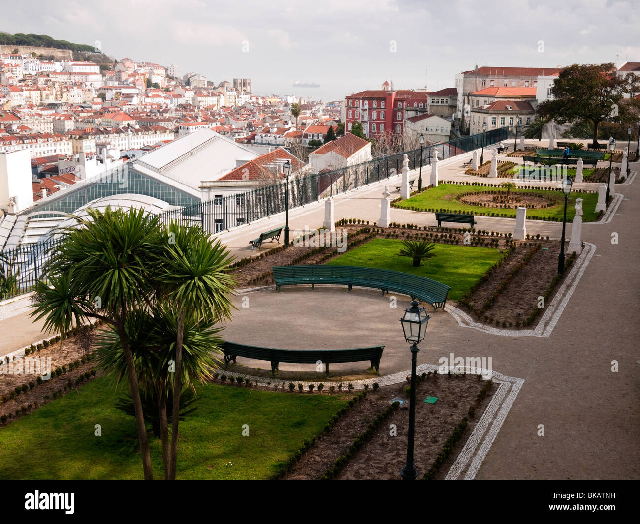 Panoramic view over Lisbon from Miradouro de São Pedro de Alcântara, Bairro Alto district, Lisbon, Portugal Stock Photo