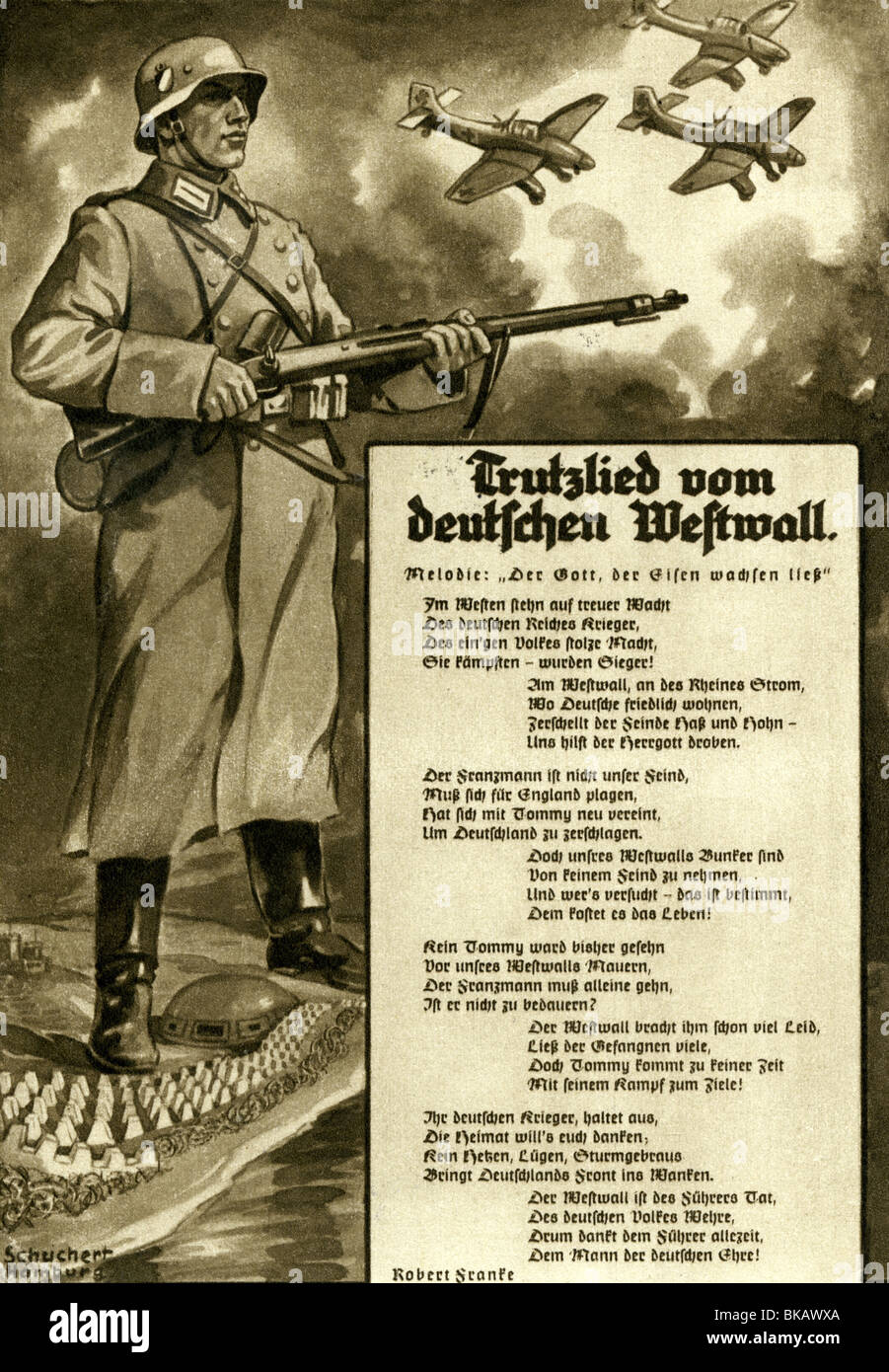 events, Second World War / WWII, propaganda, 'Trutzlied vom deutschen Westwall', lyrics by Robert Franke, postcard, Germany, circa 1940, Stock Photo