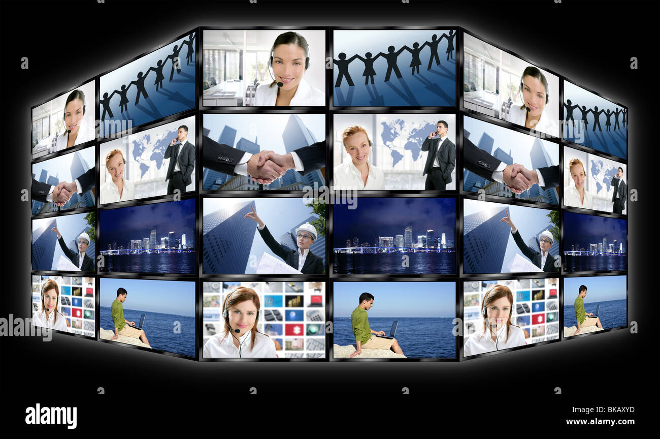 Black frame television multiple screen wall with business concepts Stock  Photo - Alamy
