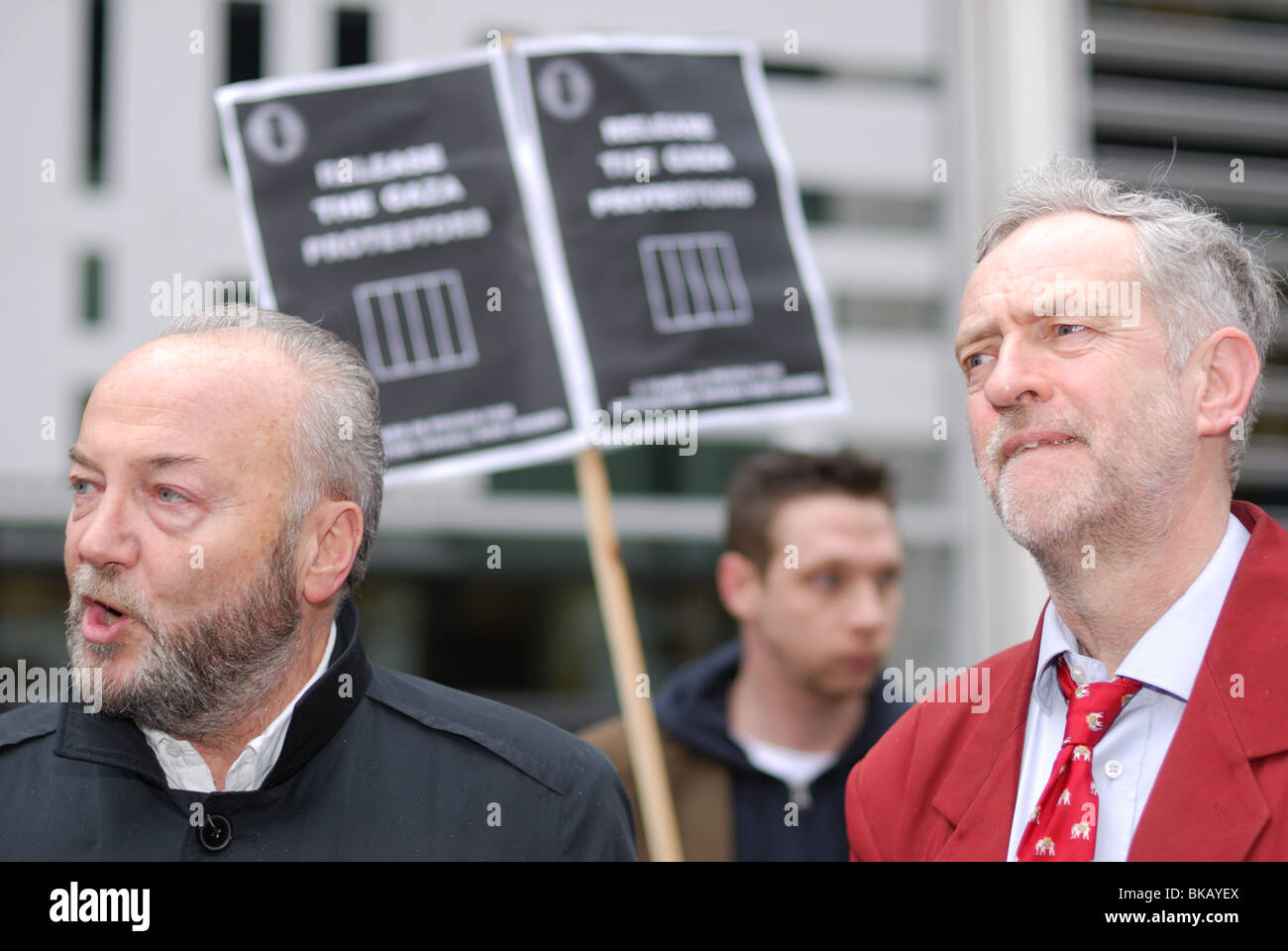 George Galloway and Jeremy Corbyn join a Stop the War protest outside the Home Office. Stock Photo