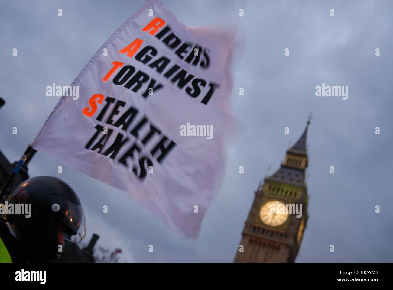 A R.A.T.S member waits for other bikers to join a protest against introduction of bike parking taxes in London. Stock Photo