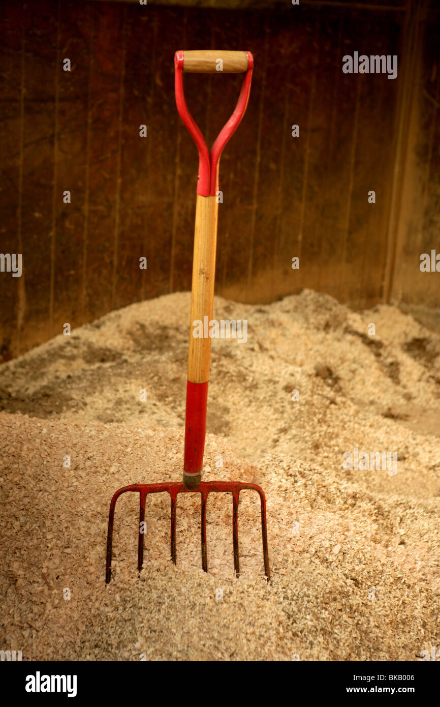 Horse stable witth straw fork tool, sawdust Stock Photo Alamy
