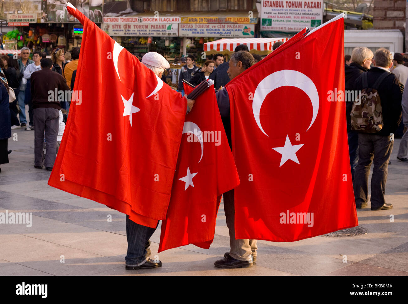 Flag sellers outside the Egyptian bazaar in Istanbul. Stock Photo