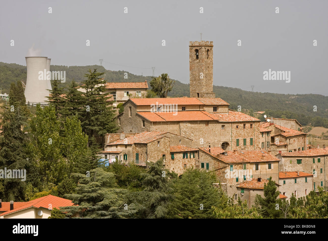 Castelnuovo with cooling tower, Italy Stock Photo