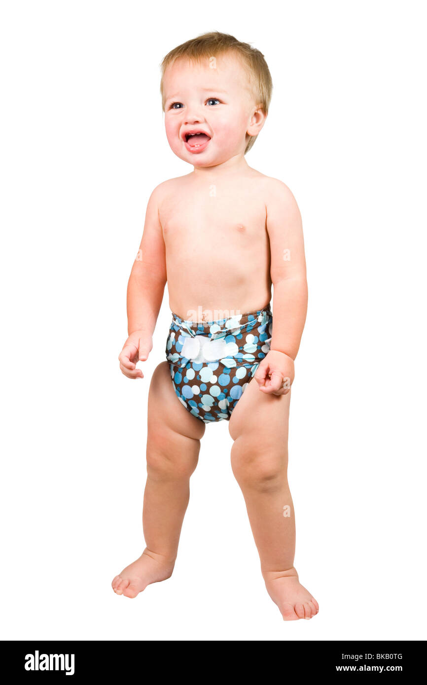 A Portrait Of A Cute Baby Boy Isolated Wearing A Cloth Diaper Stock