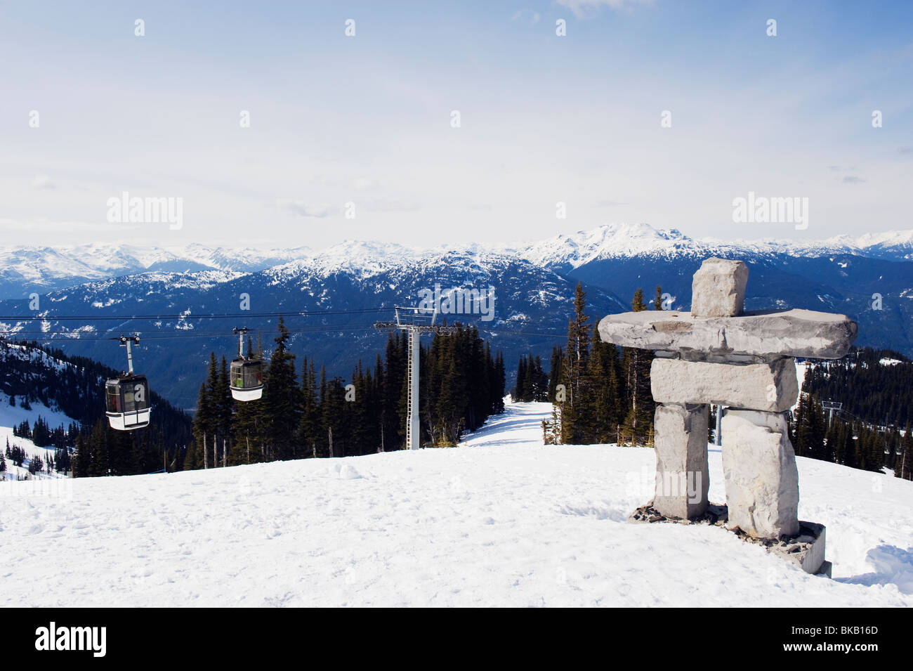 an Inuit Inukshuk stone statue Whistler mountain ski resort venue of the 2010 Winter Olympic Games Stock Photo