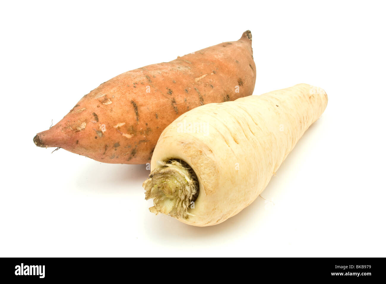 Root Vegetables of parsnip and sweet potato isolated agaginst white background. Stock Photo