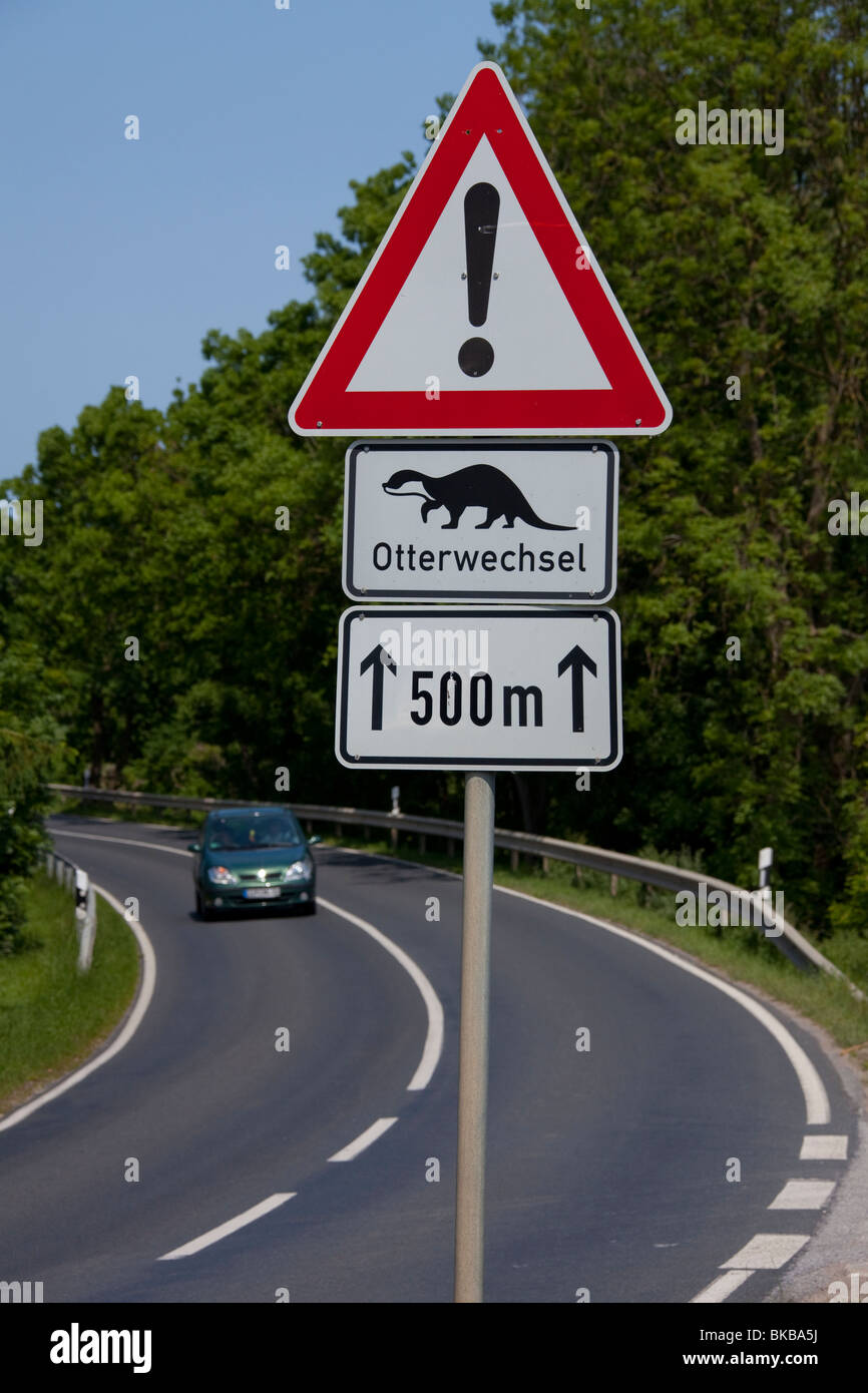European River Otter (Lutra lutra). Warning sign: River Otter crossing. Stock Photo