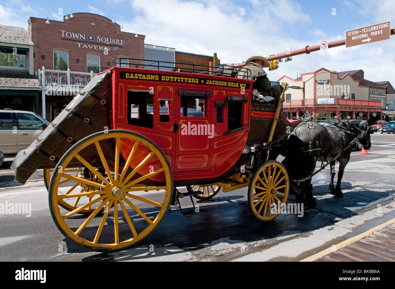 Historical stagecoach, being used for round trips in Jackson Hole, Wyoming. Stock Photo