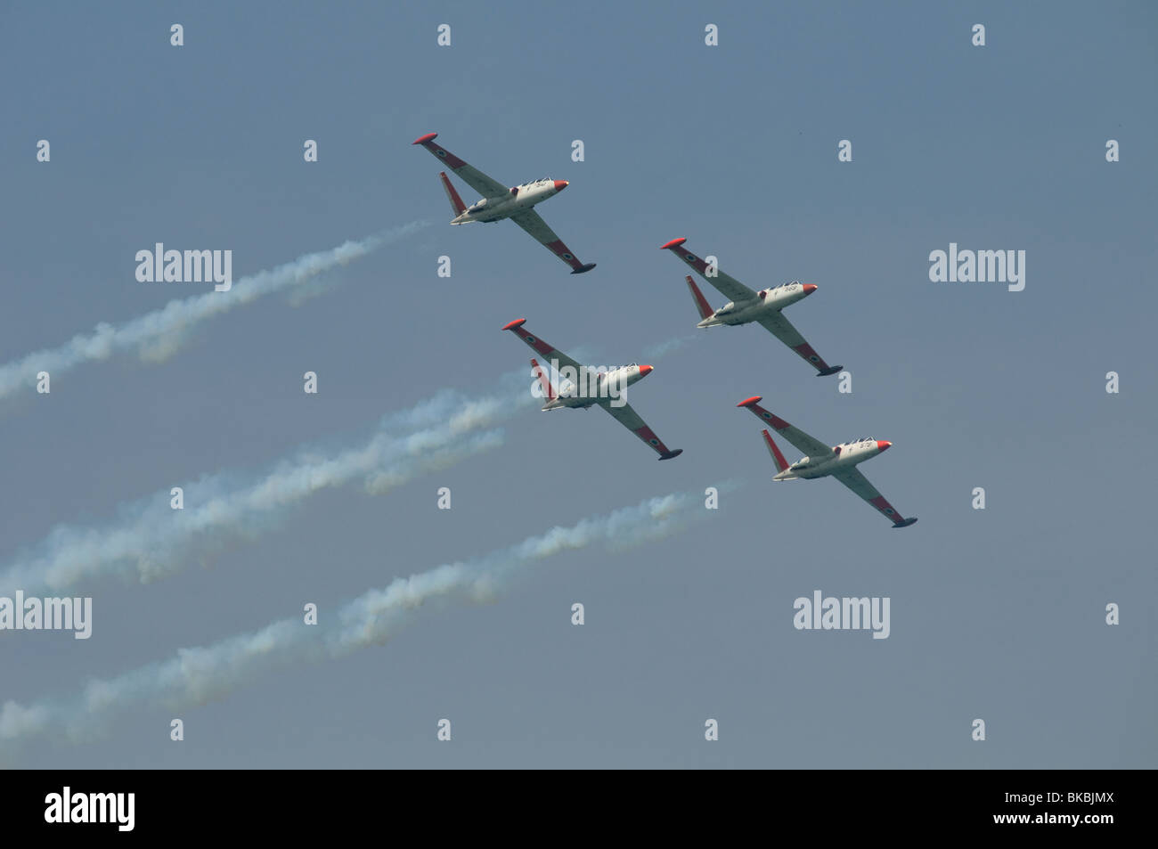 4 Tzukit also Fouga CM 170 Magister jet trainers of the Israeli Air Force aerobatic team flying in formation during Independence day in Israel Stock Photo