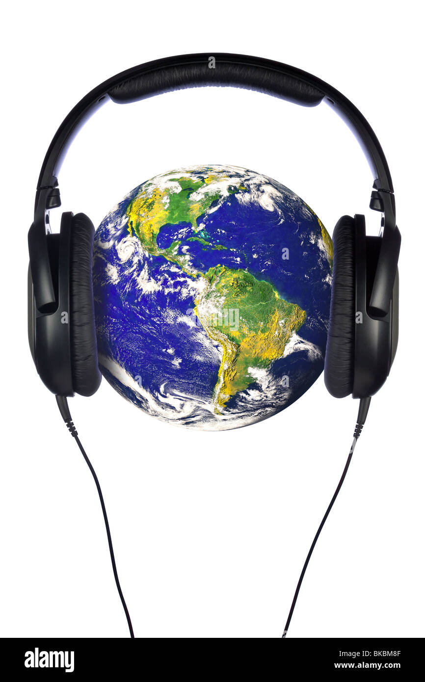 A pair of headphones on the world, globe courtesy of NASA public domain images. Isolated on a white background. Stock Photo