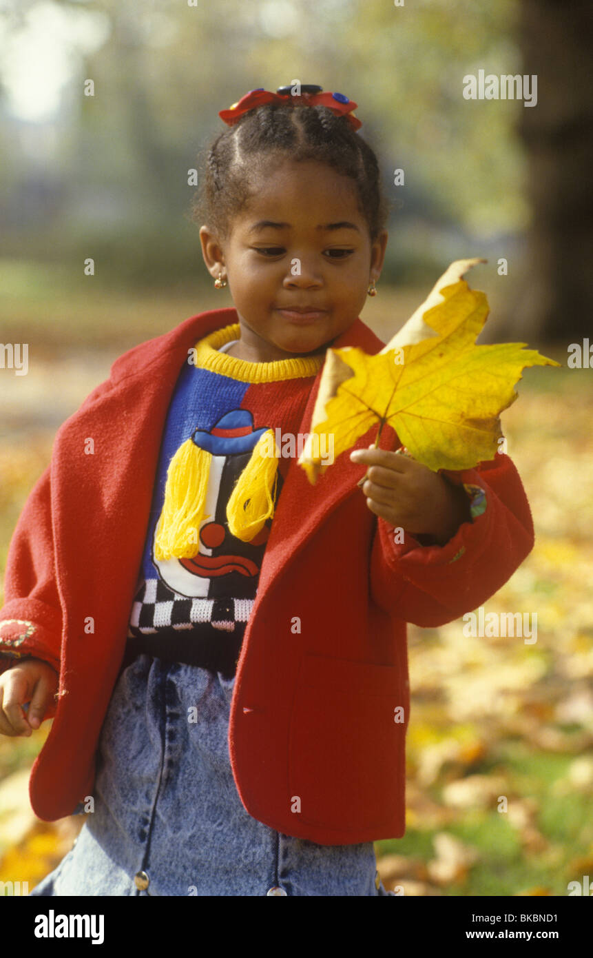 little black girl playing with autumn leaves in the sunshine Stock