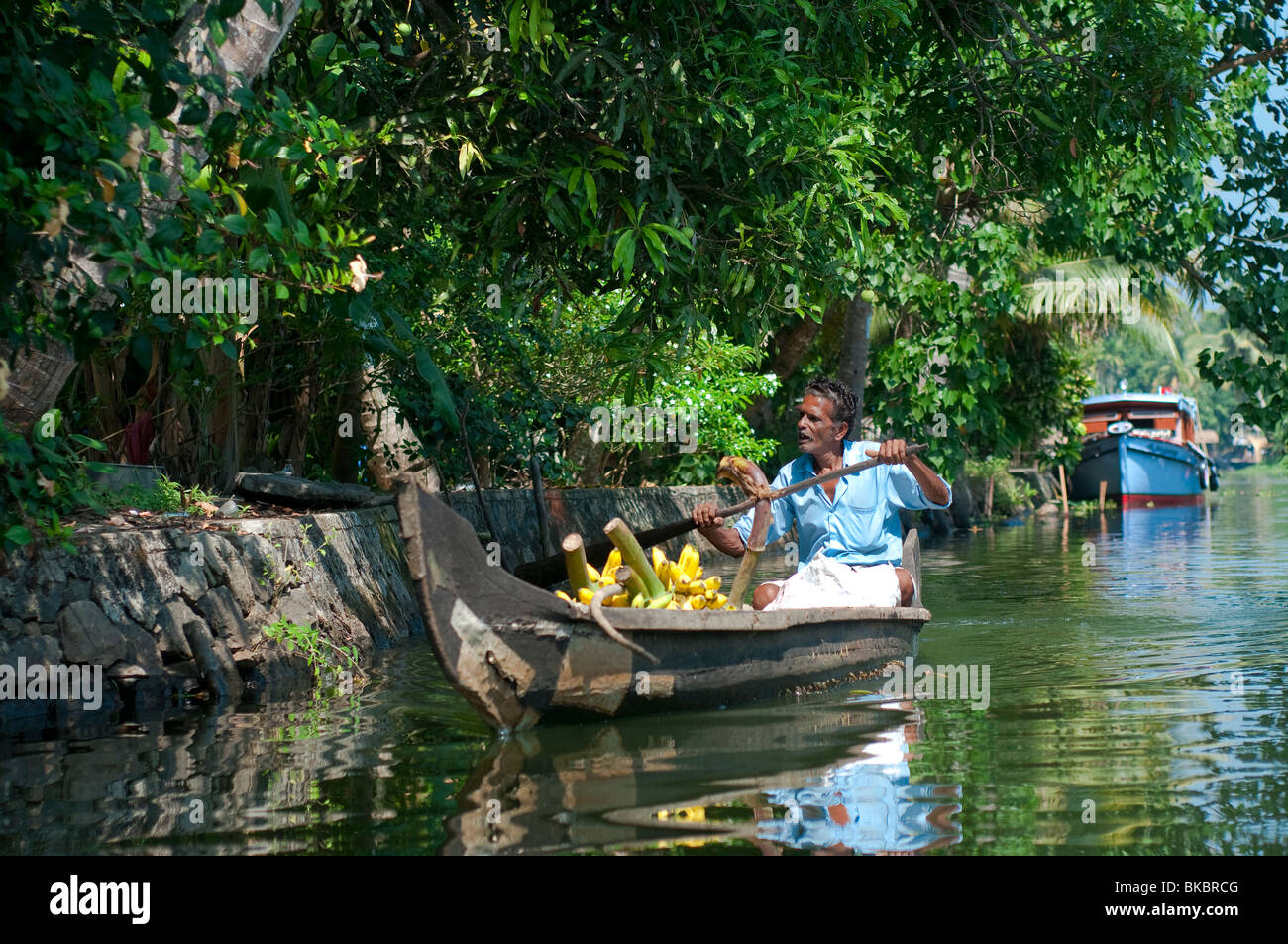Trader selling Bananas on Alleppey Backwaters, Kerala, India Stock Photo