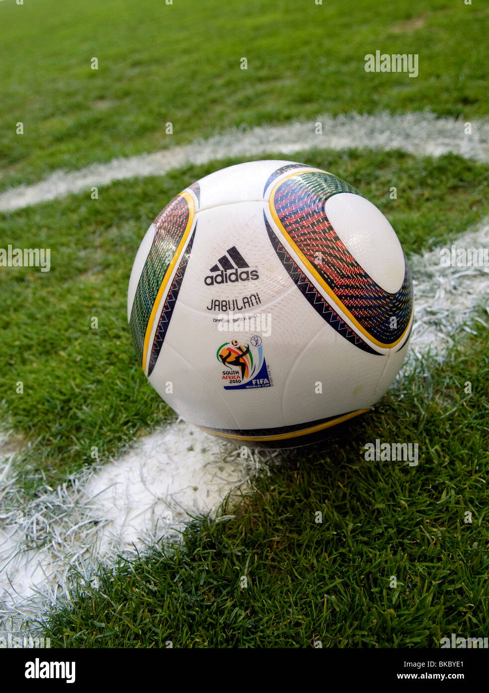 Jabulani, official matchball of the FIFA World Cup 2010 in South Africa on  the corner of football oitch Stock Photo - Alamy