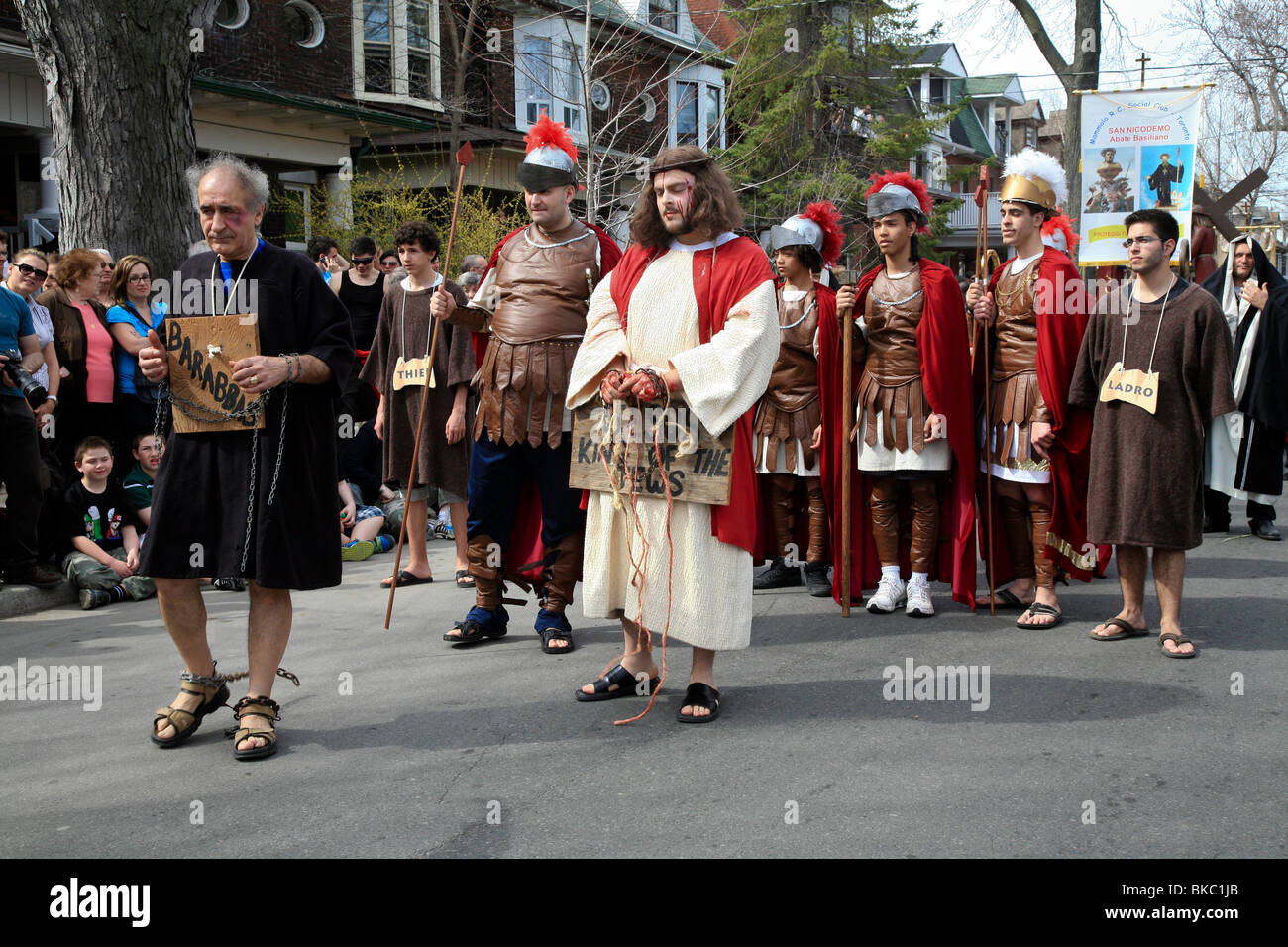 Jesus walks in the Holy Easter or Good Friday Procession Parade,' Little Italy', Toronto,Ontario,Canada,North America Stock Photo