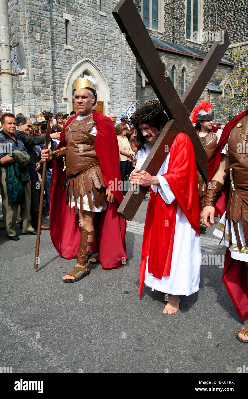 Jesus carries cross at Holy Easter or Good Friday Procession Parade,' Little Italy', Toronto,Ontario,Canada,North America Stock Photo