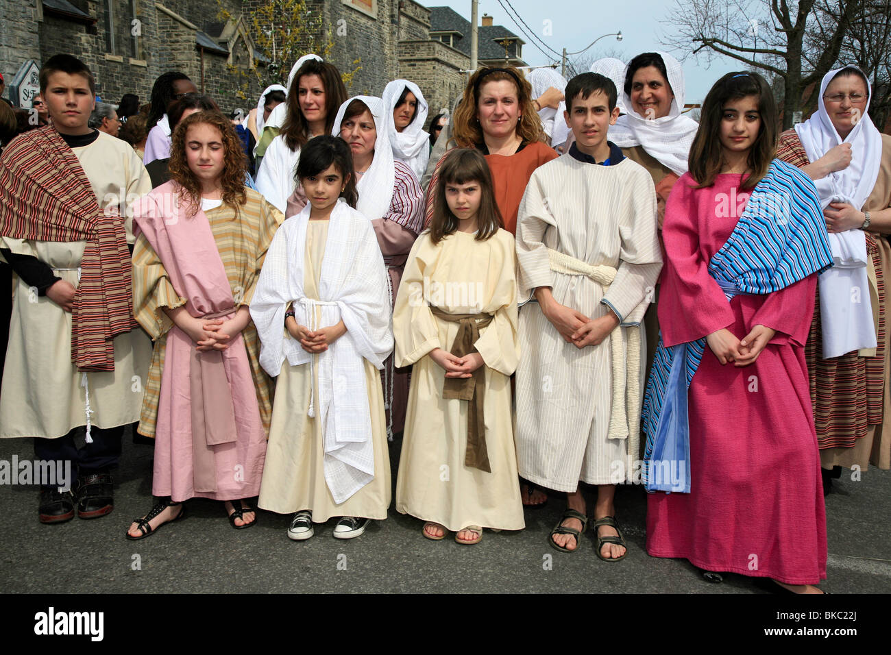 Children in costumes at Holy Easter or Good Friday Procession Parade,' Little Italy', Toronto,Ontario,Canada,North America Stock Photo