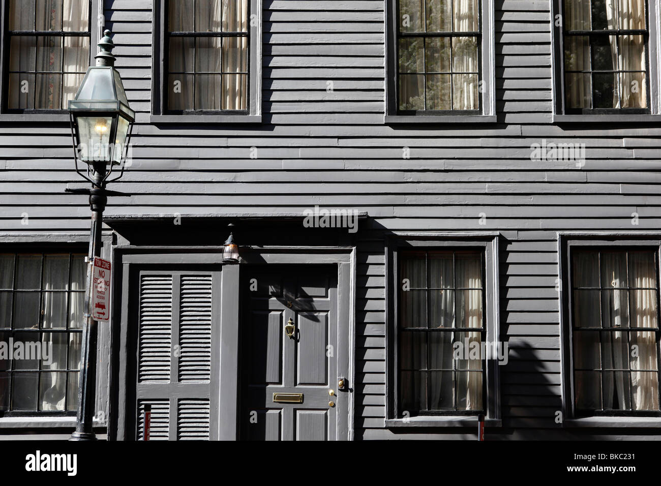 Wooden clapboard siding on a house on Pinckney Street, Beacon Hill, Boston, Massachusetts Stock Photo