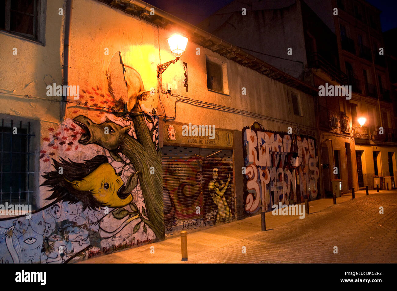 Madrid Spain Spanish graffiti  night street light Stock Photo