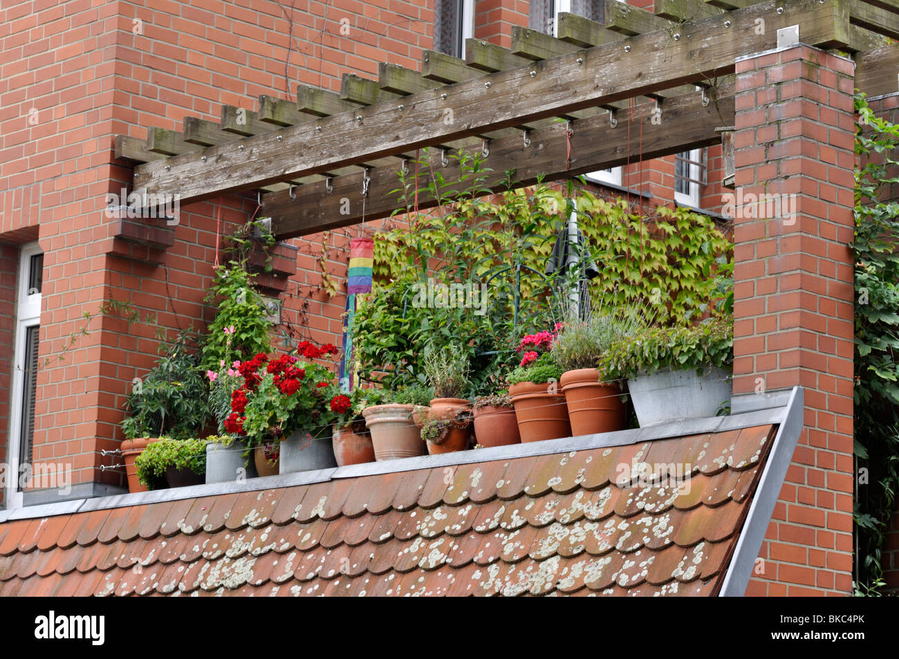 Balcony with potted plants Stock Photo